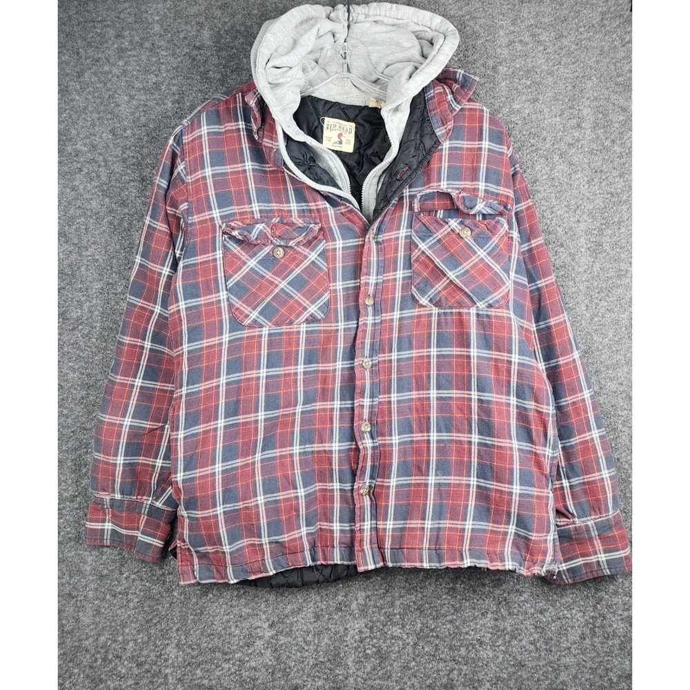 RedHead Brand Co Hooded Flannel Shirt Jacket Mens‎ Medium Red Blue Plaid Quilted